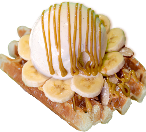 Llama Gone Nuts: Waffles with Ice Cream and Banana with Almonds, and Peanut Butter Sauce