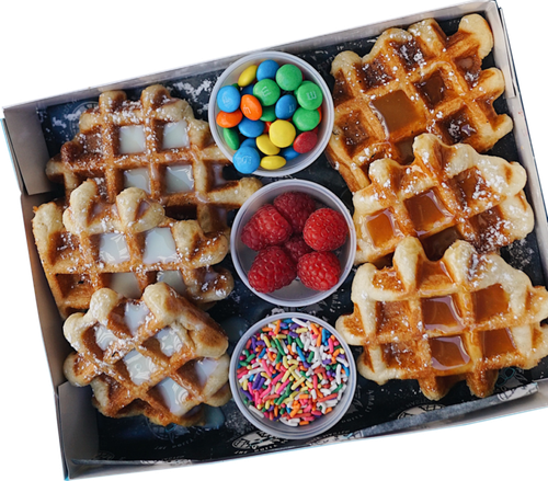 Box of six waffles and three toppings.